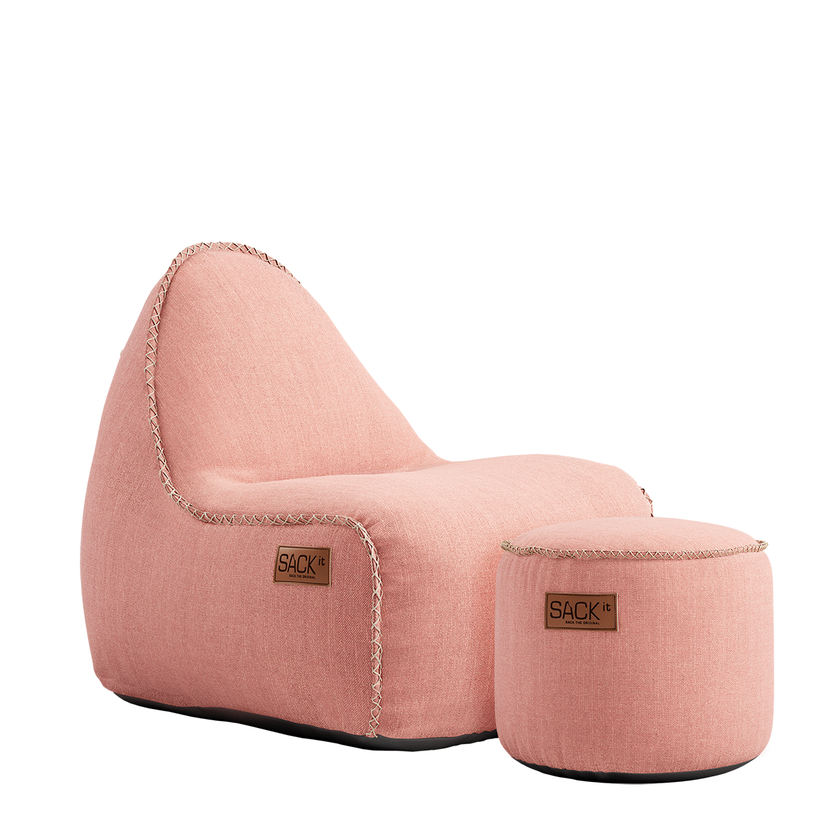 Cobana Junior Lounge Chair og puf i rosa stof med rund form og bløde kanter.
