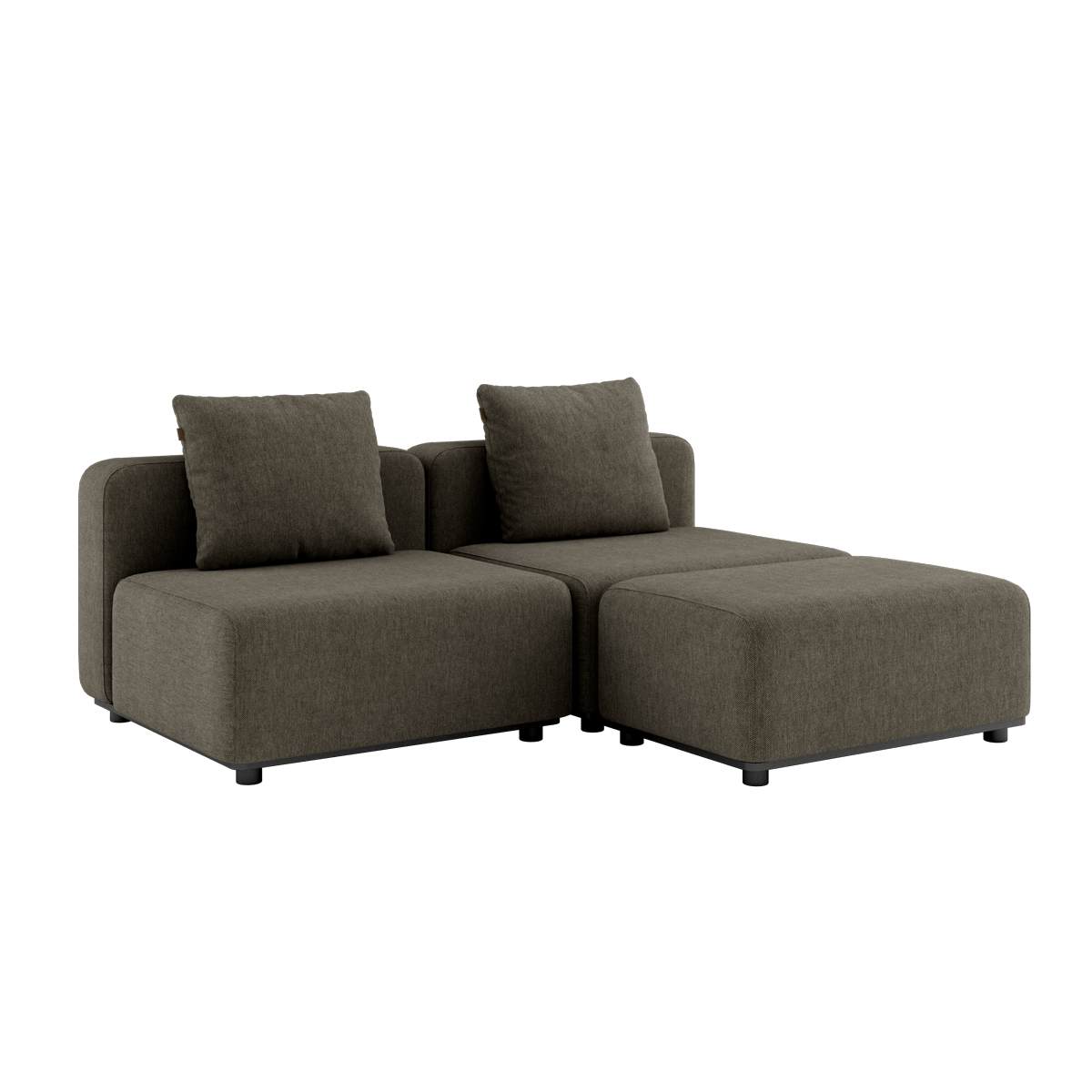 Udendørs Cobana Lounge Sofa i Cobana Brown med to moduler og puf, uden armlæn, i aluminium og tekstil.