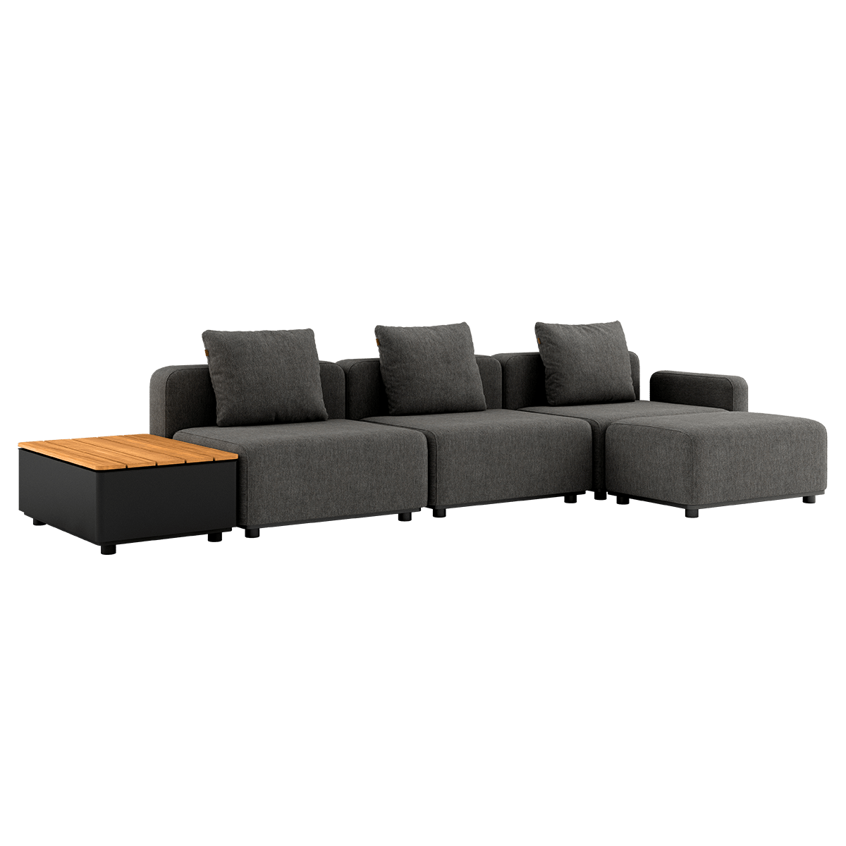 Cobana Grey udendørs 3-personers lounge sofa med puf og Patio Storage Table i sort aluminiumsramme.