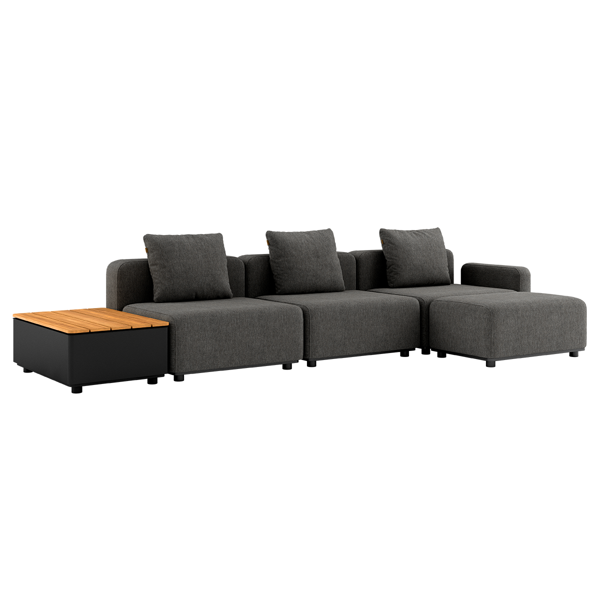 Cobana Lounge Sofa i Cobana Grey med puf og Patio Storage Table, modulopbygget udendørs sofa med puder.