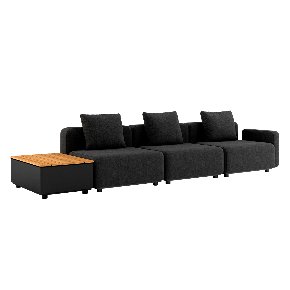 Sort Cobana Lounge Sofa med tre moduler og opbevaringsbord i aluminium og teak uden puf.