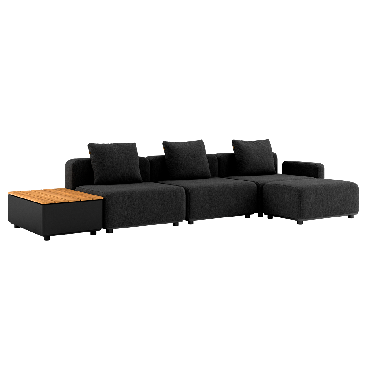 Sort Cobana Lounge Sofa med puf og Patio Storage Table i sort pulverlakeret aluminium og teak.