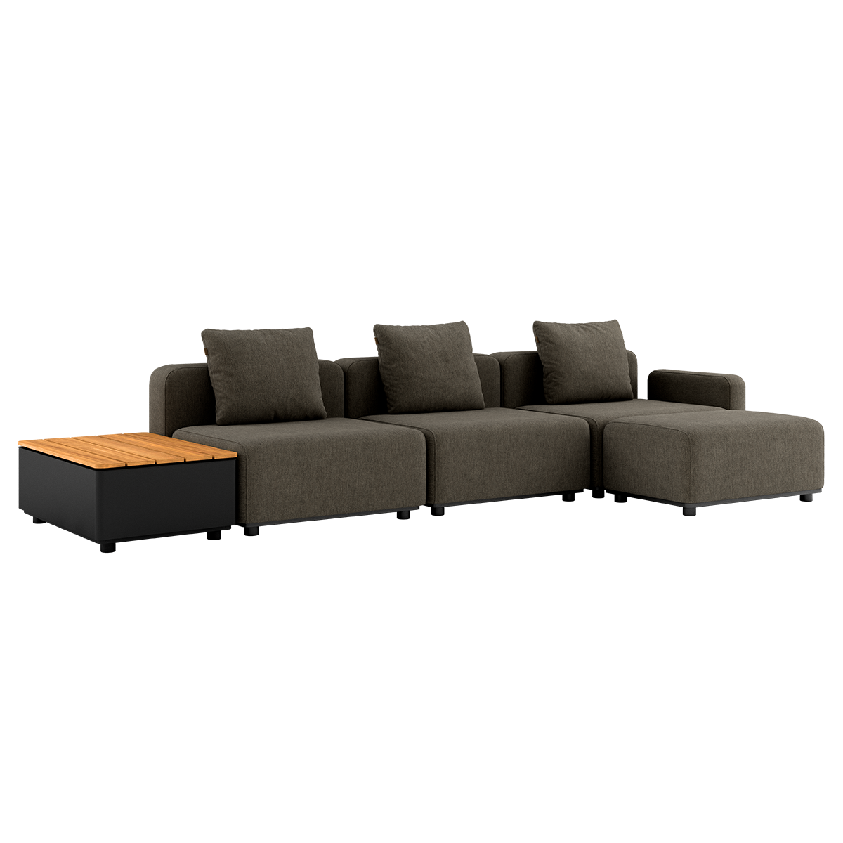 Cobana Lounge Sofa i Cobana Brown med puf og Patio Storage Table i sort pulverlakeret aluminium og teak.