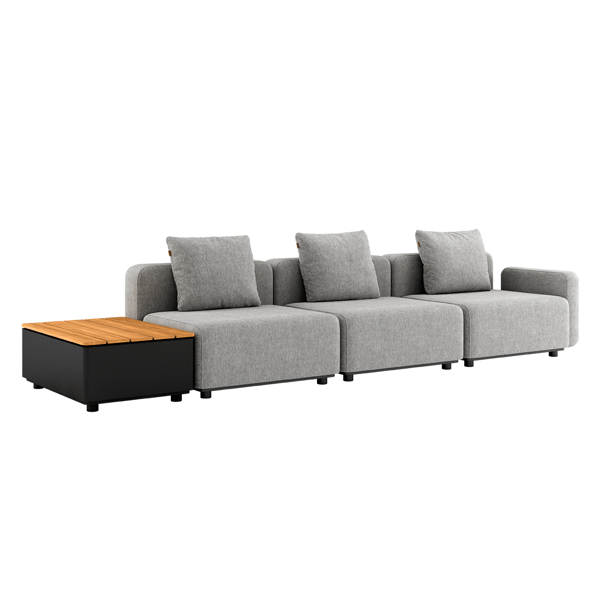 Cobana Lounge Sofa i Cobana Sand Melange med tre moduler og Patio Storage Table uden puf i udendørs miljø.