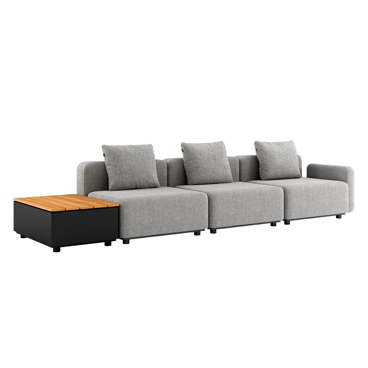 Udendørs Cobana Lounge Sofa i Cobana Sand Melange med tre moduler og Patio Storage Table uden puf.