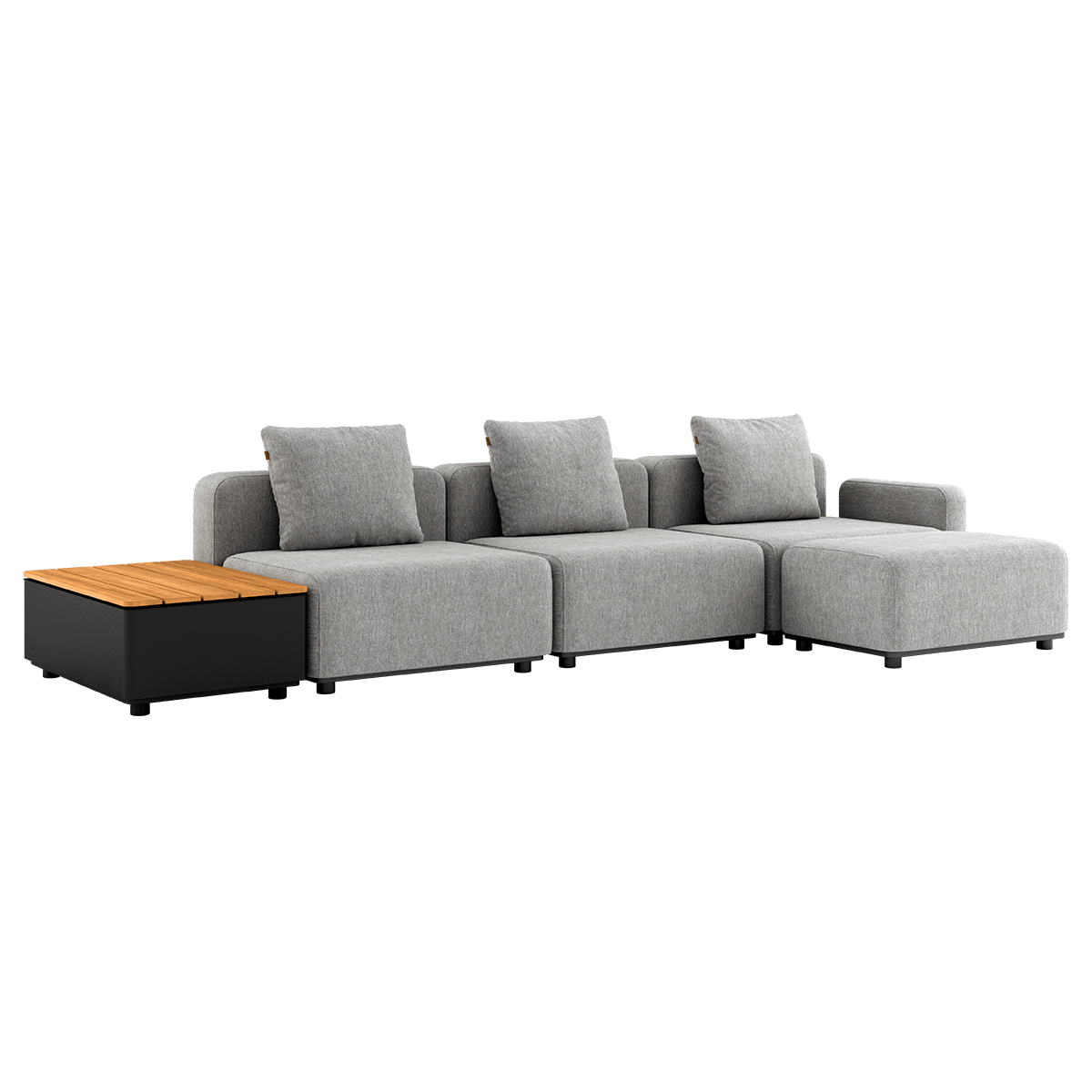 Cobana Lounge Sofa i Cobana Sand Melange med puf og Patio Storage Table i sort aluminiumsramme.