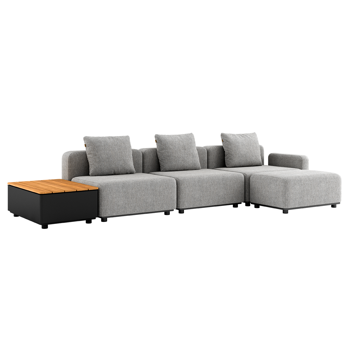 Cobana Lounge Sofa i Cobana Sand Melange med puf og Patio Storage Table i udendørs miljø.
