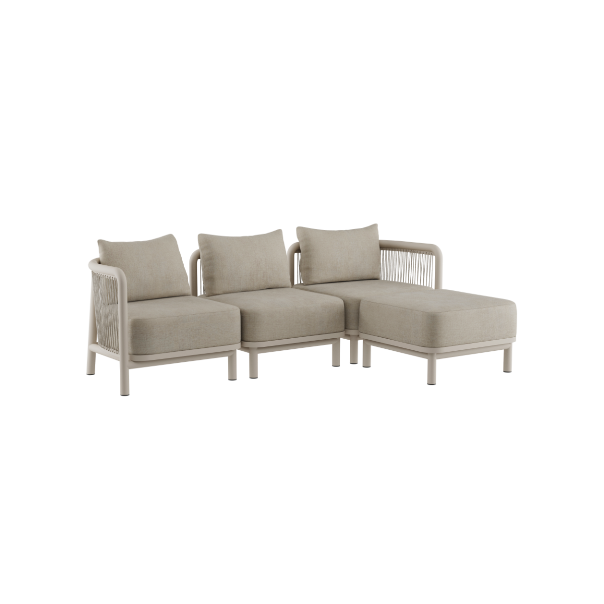 Kirra Lounge Sofa i sandfarvet med tre moduler og puf, udendørs med aluminiumsramme og olefin tekstil.