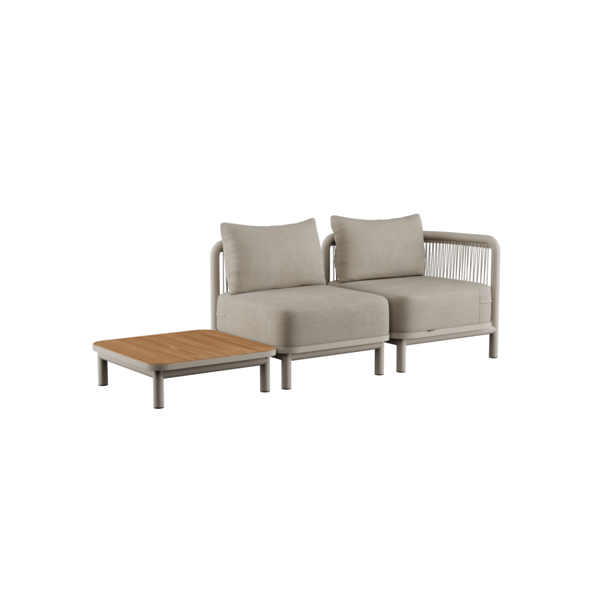 Kirra Lounge Sofa 2-personers i sandfarvet med pulverlakeret aluminiumsramme og teaktræsbord uden accessory fit.
