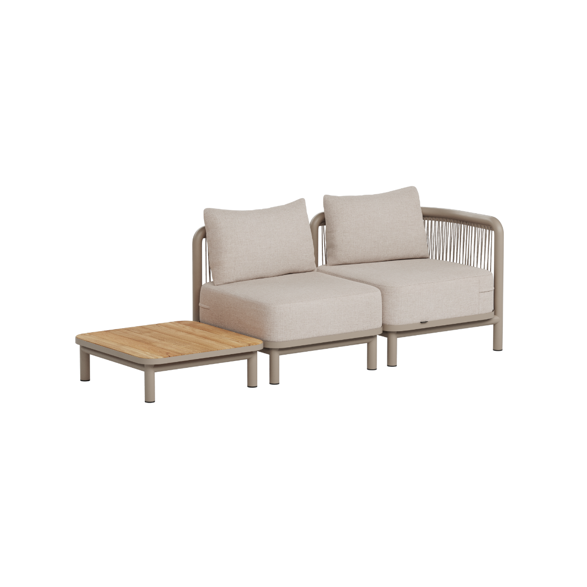 Modulær Kirra loungesofa til udendørs brug med to beige sæder og matchende teakbord fra sackit til moderne nordiske uderum