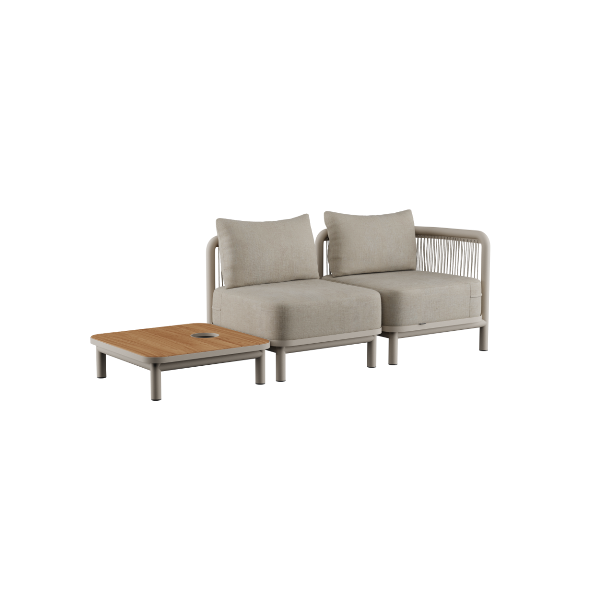 Kirra Lounge Sofa i sandfarvet med bord og accessory fit, modulært udendørs sofasæt i aluminium og olefin tekstil.