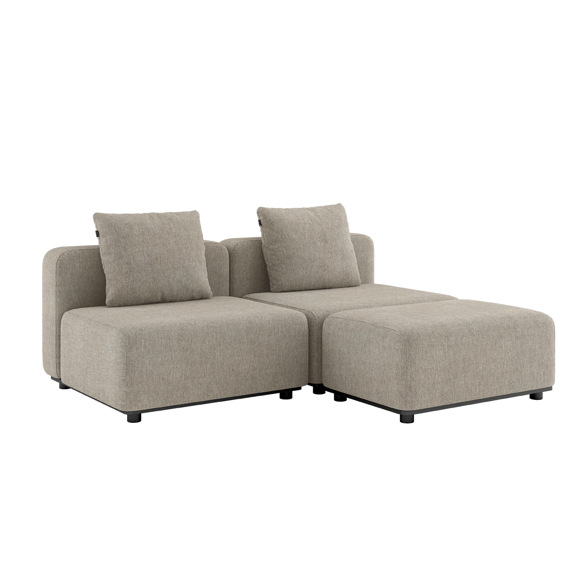 Udendørs Cobana Lounge Sofa i Kirra Sand med to moduler og puf, uden armlæn, i aluminium og olefin tekstil.