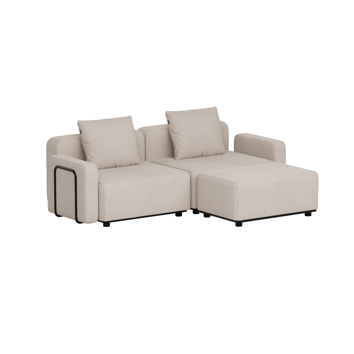 Lys beige modulopbygget udendørs loungesofa med brede armlæn og matchende puder designet i Danmark af sackit