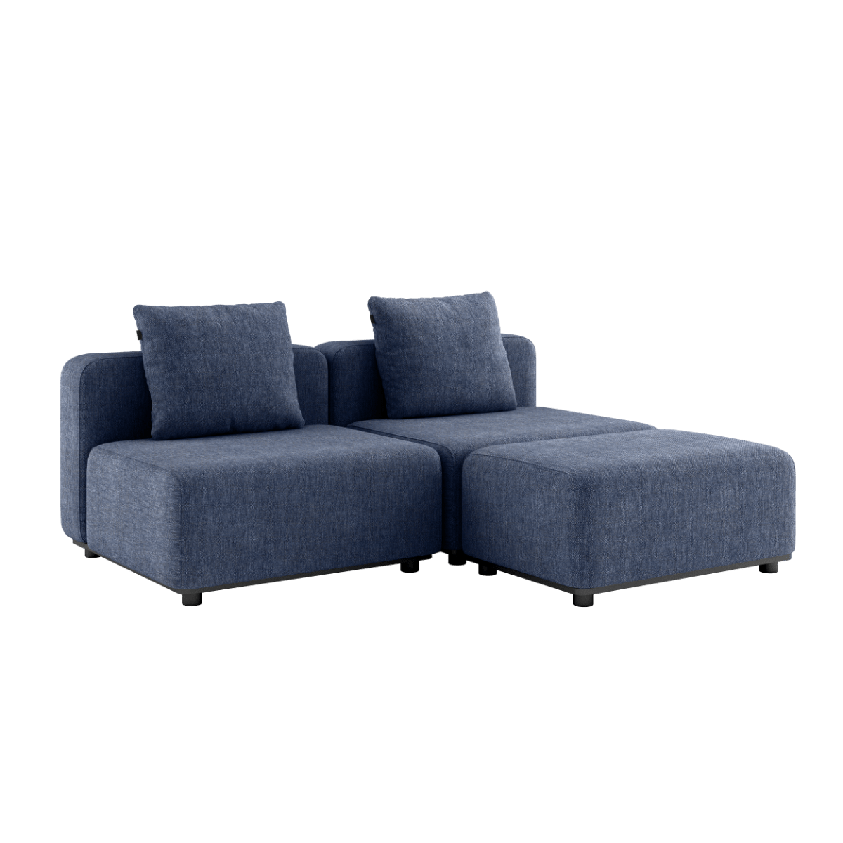 Udendørs Cobana Lounge Sofa i Kirra Indigo med to moduler og puf, uden armlæn, i aluminium og olefin tekstil.