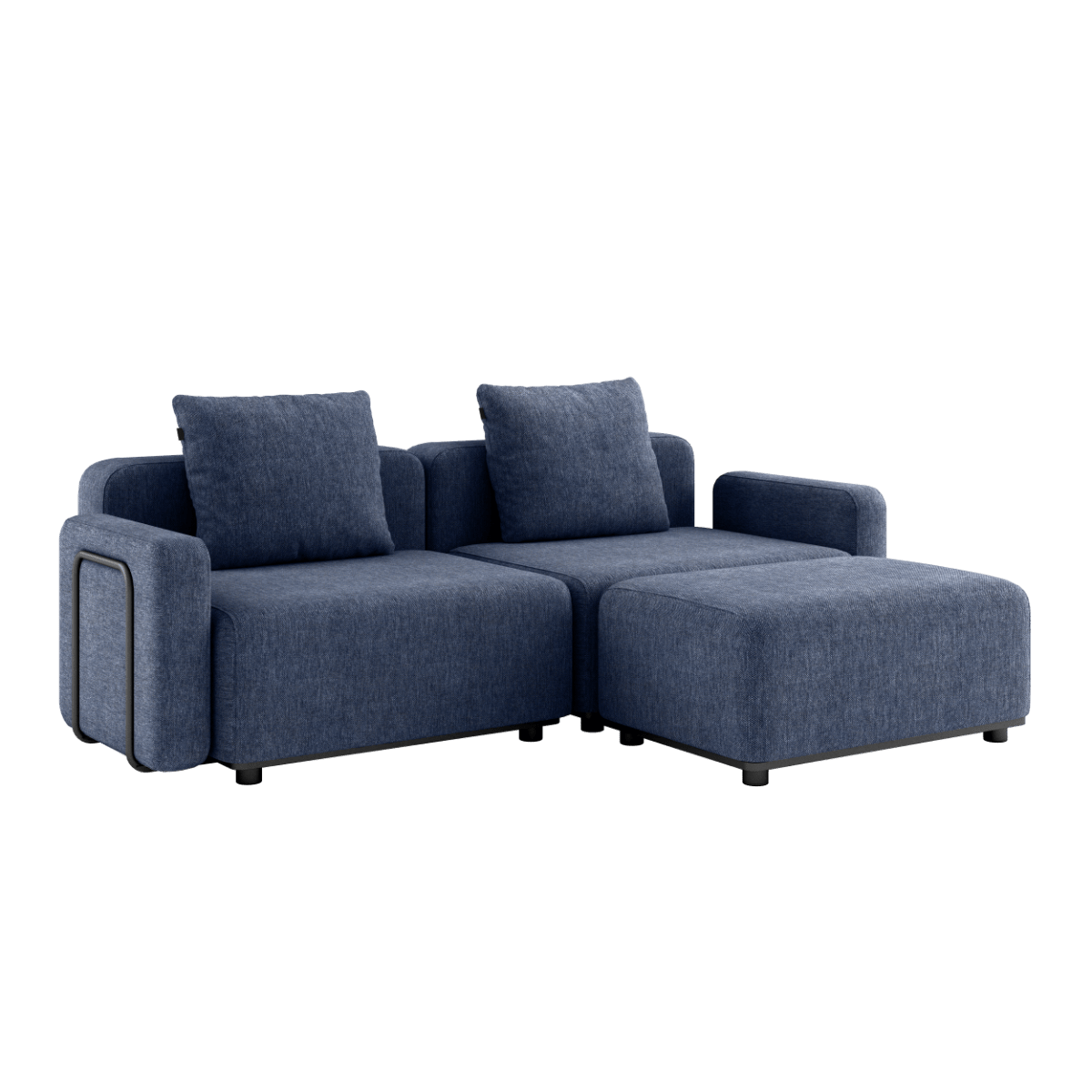 Udendørs Cobana Lounge Sofa i Kirra Indigo med armlæn og puf, modulopbygget og i aluminium.