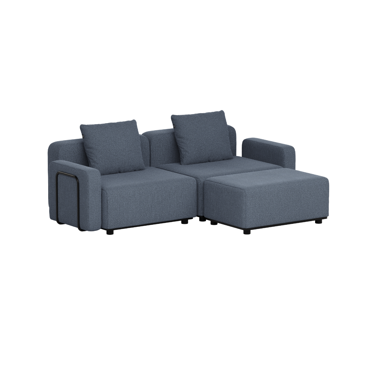 Mørkegrå modulopbygget udendørs loungesofa med to ryghynder brede armlæn og chaiselongmodul i enkelt skandinavisk design