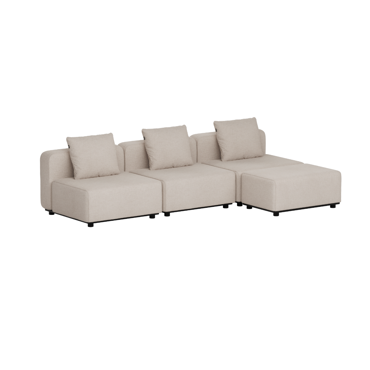 Beige modulopbygget udendørs loungesofa med tre siddepladser og tre hynder i enkelt skandinavisk design fra sackit