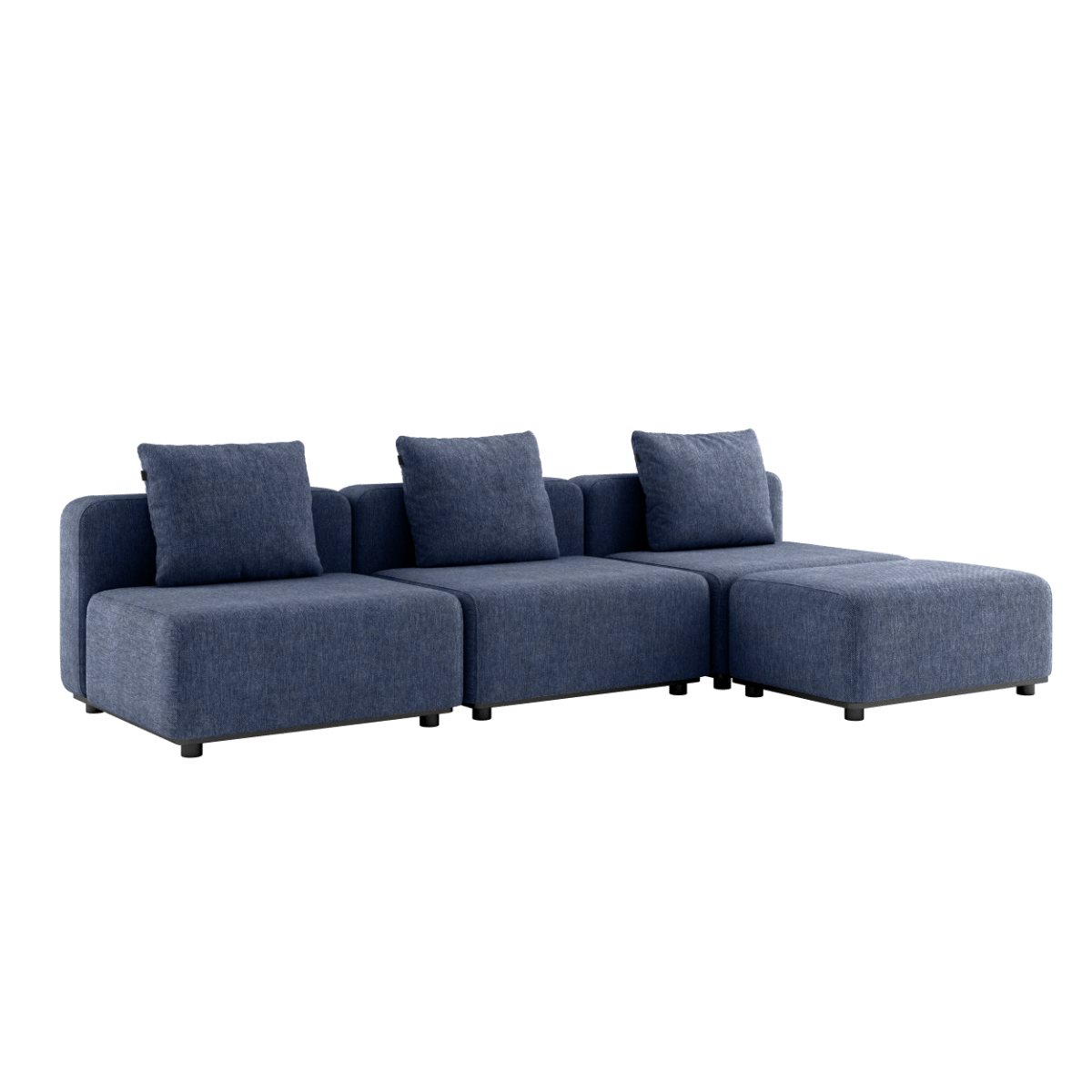 Udendørs Cobana Lounge Sofa i Kirra Indigo med tre moduler og puf, uden armlæn, i aluminium og tekstil.