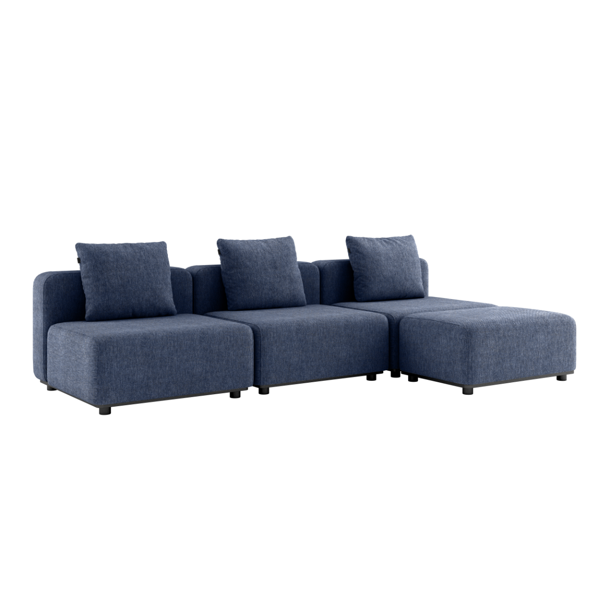 Udendørs Cobana Lounge Sofa i Kirra Indigo med tre moduler og puf, uden armlæn.