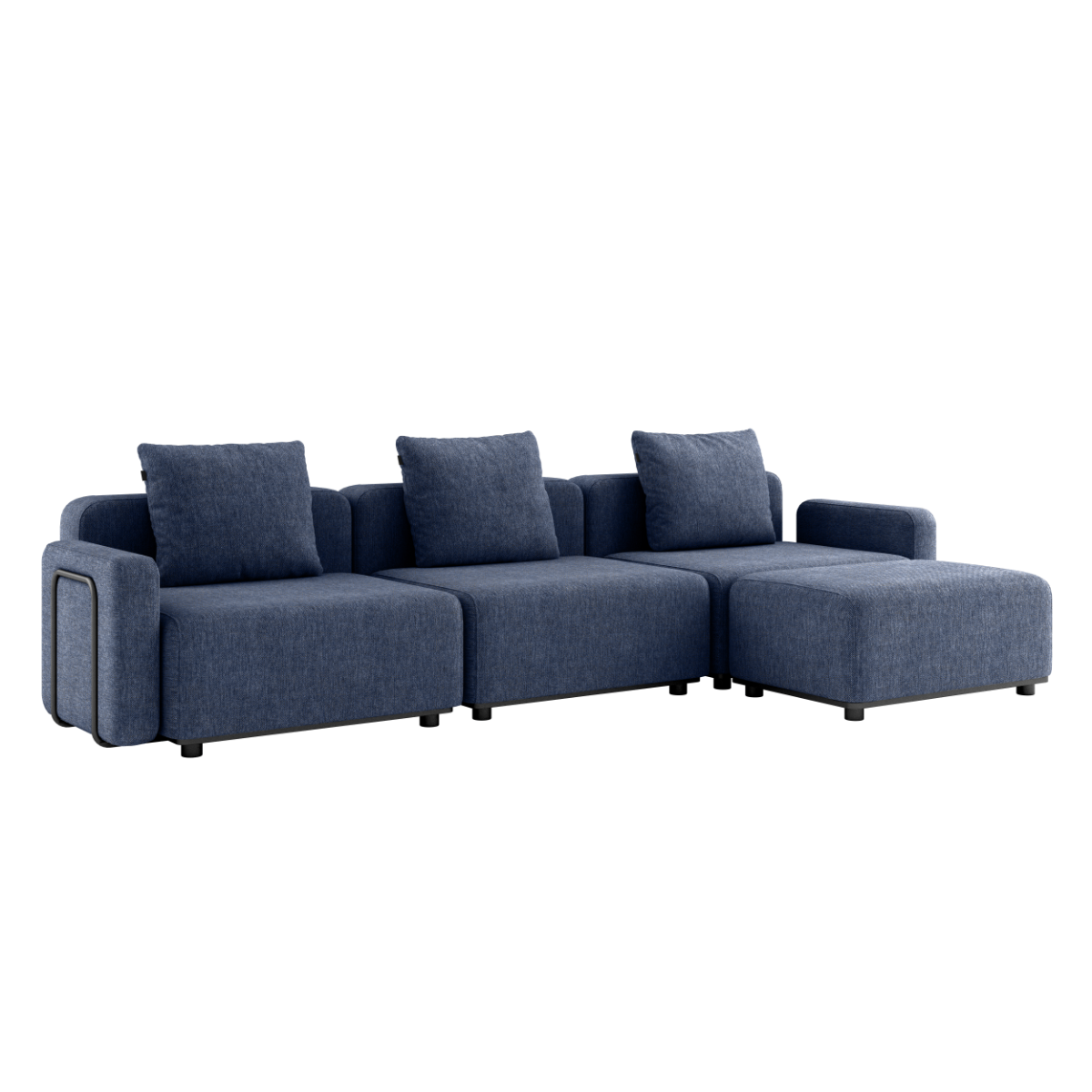 Udendørs Cobana Lounge Sofa i Kirra Indigo med armlæn og puf, modulopbygget med rene linjer.