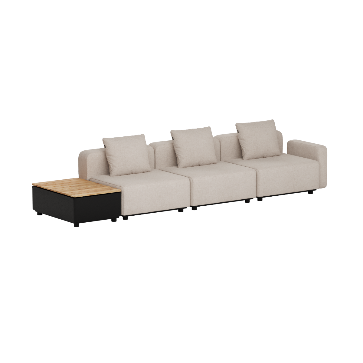 Modulopbygget Cobana loungesofa i beige med tre siddepladser bløde puder og integreret sidebord med teaktræsoverflade til udendørs brug