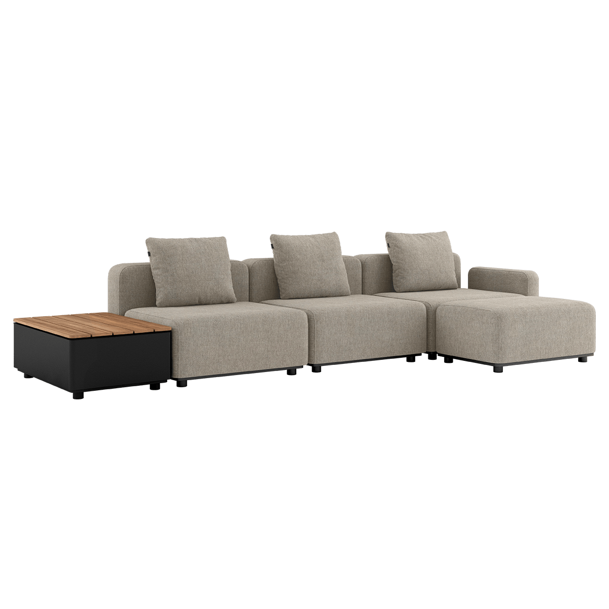 Kirra Sand Cobana Lounge Sofa med tre moduler, armlæn og Patio Storage Table med puf i udendørs miljø.