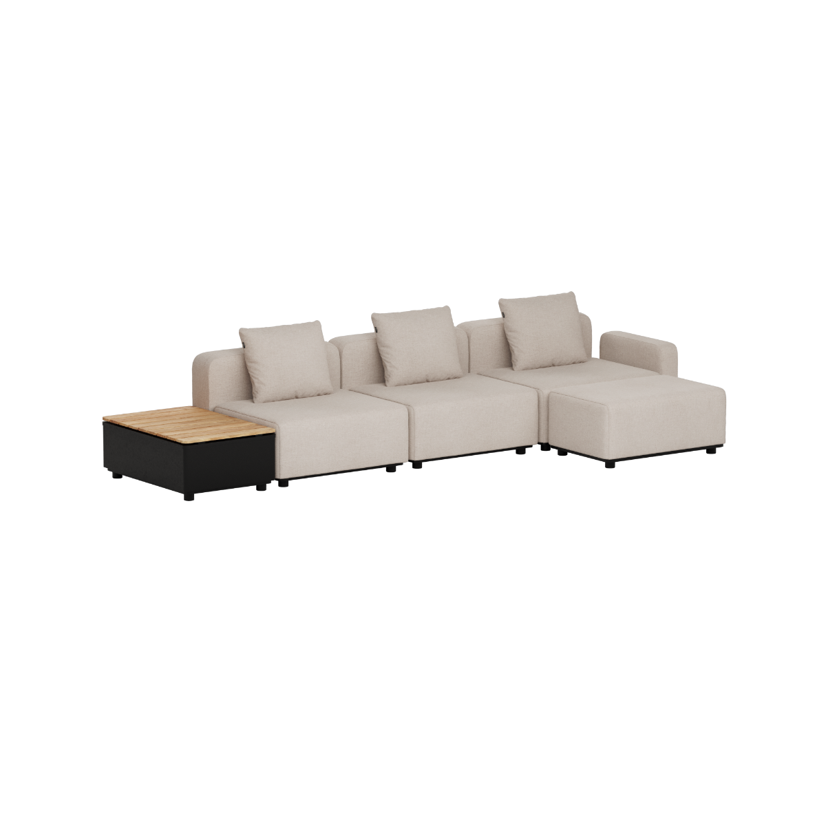 Modulopbygget udendørs loungesofa i lyse tekstiler med tre ryghynder og integreret sidebord med lamelbordplade fra sackit
