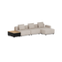 Modulopbygget udendørs loungesofa i lyse tekstiler med tre ryghynder og integreret sidebord med lamelbordplade fra sackit