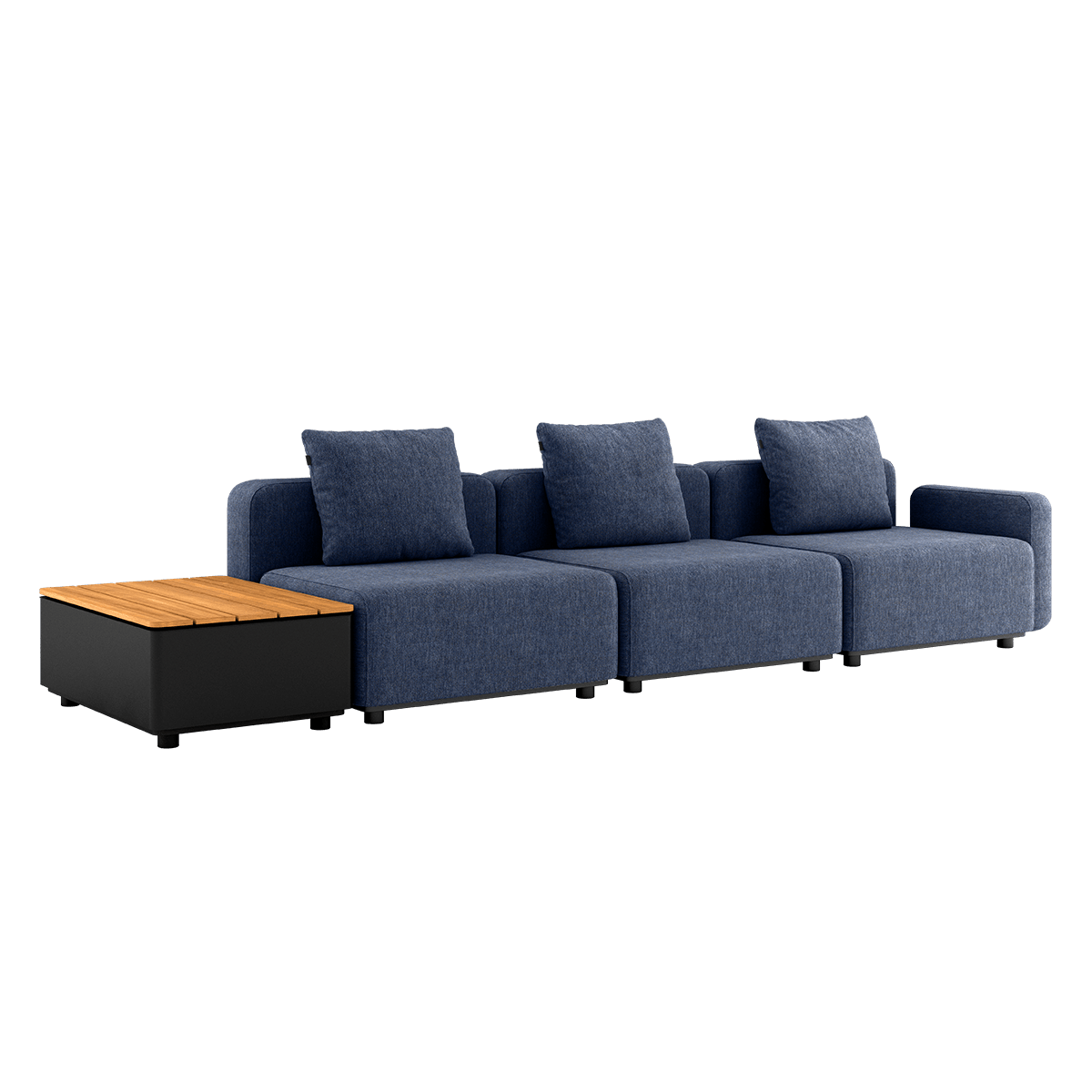 Cobana Lounge Sofa i Kirra Indigo med tre moduler og Patio Storage Table i sort aluminiumsramme uden puf.