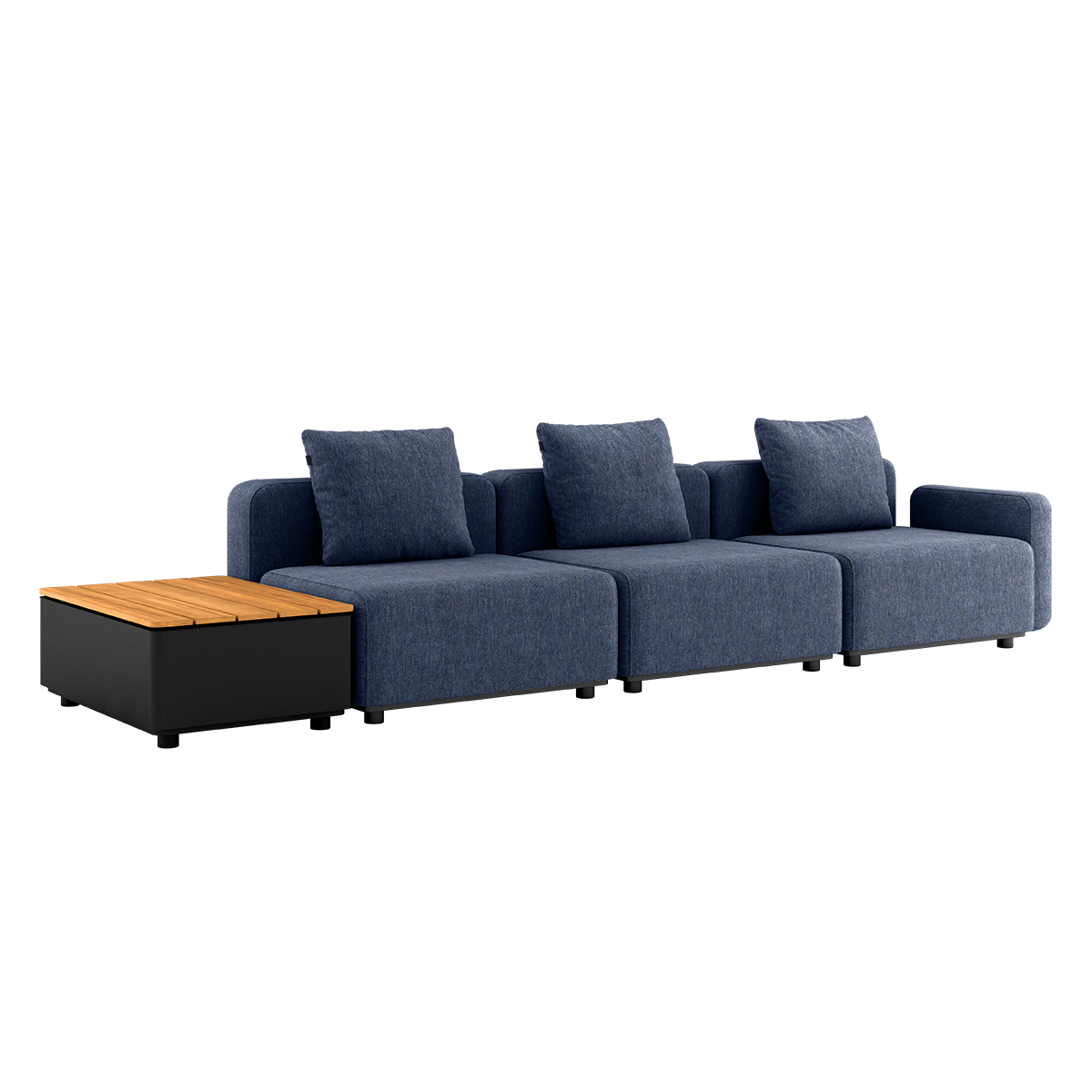 Cobana Lounge Sofa 3-personers i Kirra Indigo uden puf med sort Patio Storage Table i aluminium og teak