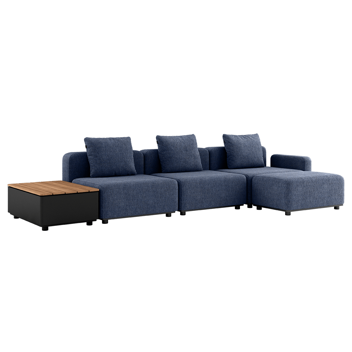 Udendørs Cobana Lounge Sofa i Kirra Indigo med puf og Patio Storage Table i sort aluminiumsramme.