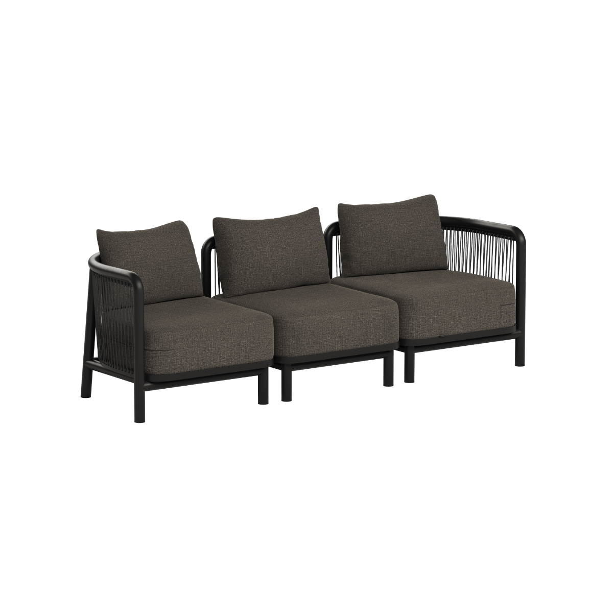 Mørkegrå trepersoners udendørs loungesofa fra sackit med sort stel og flettede sider. Moderne modulært design til nordiske uderum.