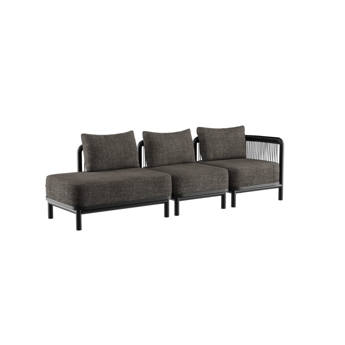 Kirra Lounge Sofa 3-personers udendørs sofa i sort med højre åben ende og aluminiumsstel