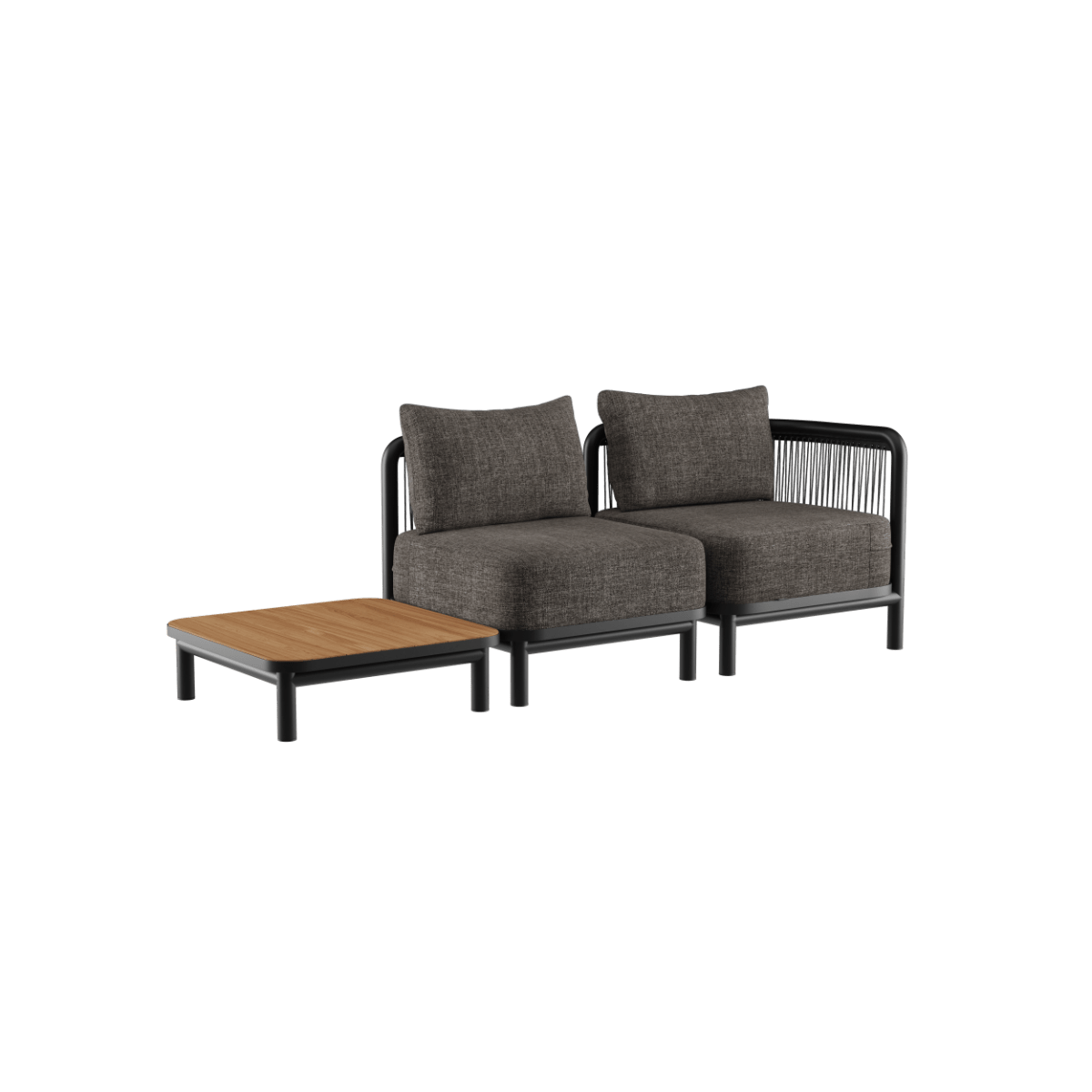 Kirra Lounge Sofa 2-personers i Kirra Noir med sort aluminiumsramme og teaktræsbord uden accessory fit.