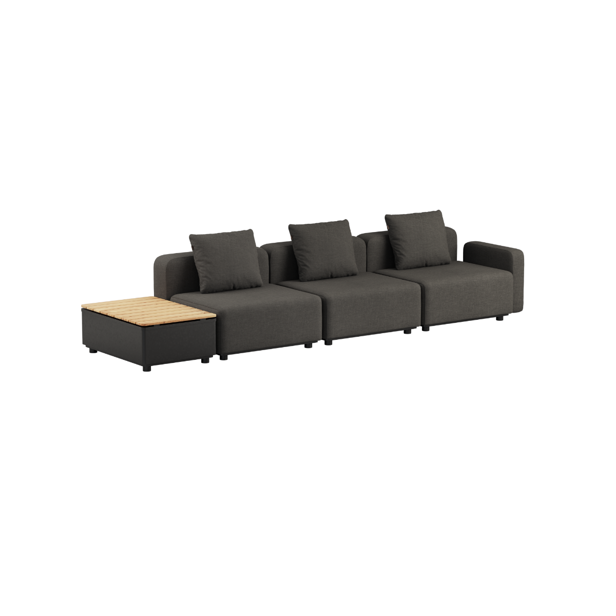 Cobana Lounge Sofa 3-personers i Cobana Brown med Patio Storage Table i sort pulverlakeret aluminium og teaktræ.