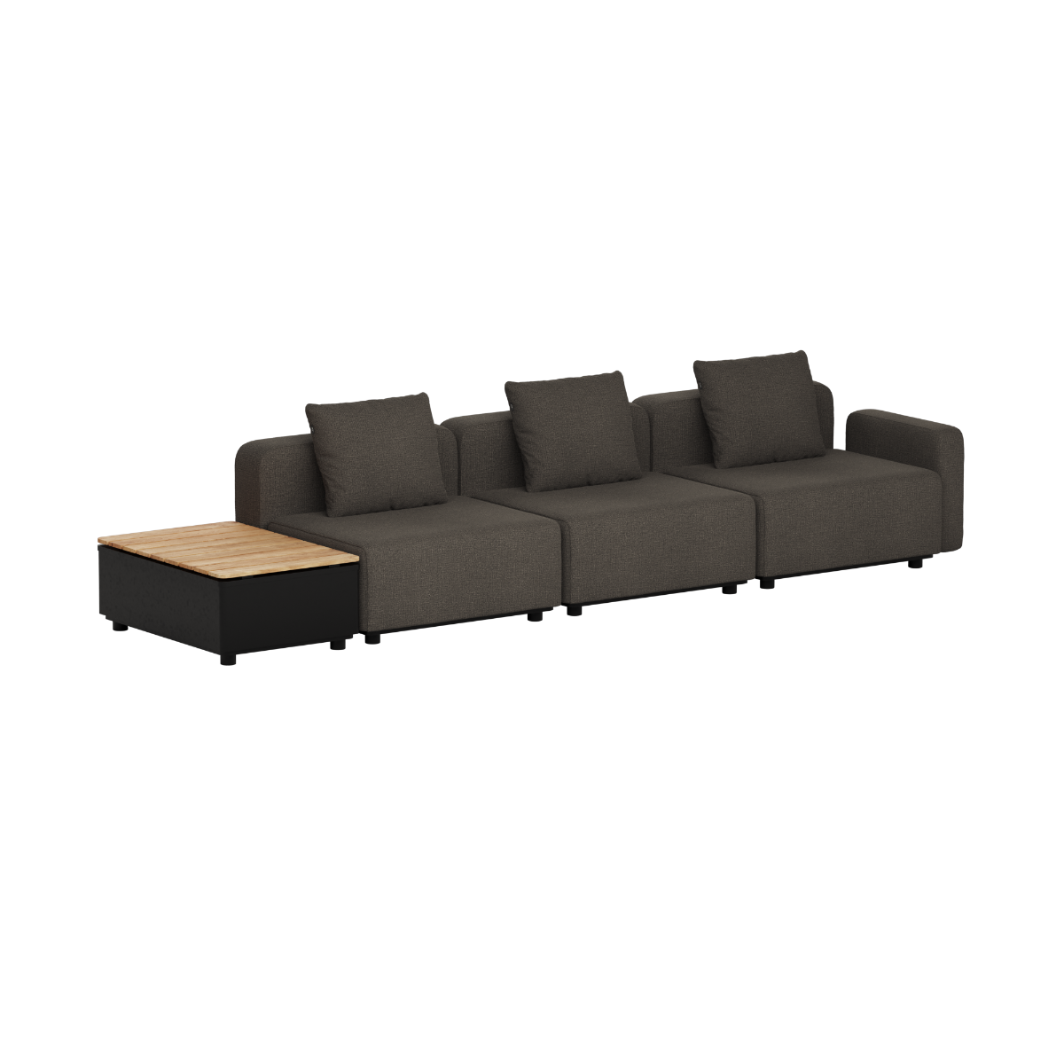 Mørkegrå modulopbygget udendørs loungesofa fra sackit med tre siddepladser og integreret sidebord med teaktræslåg i skandinavisk design