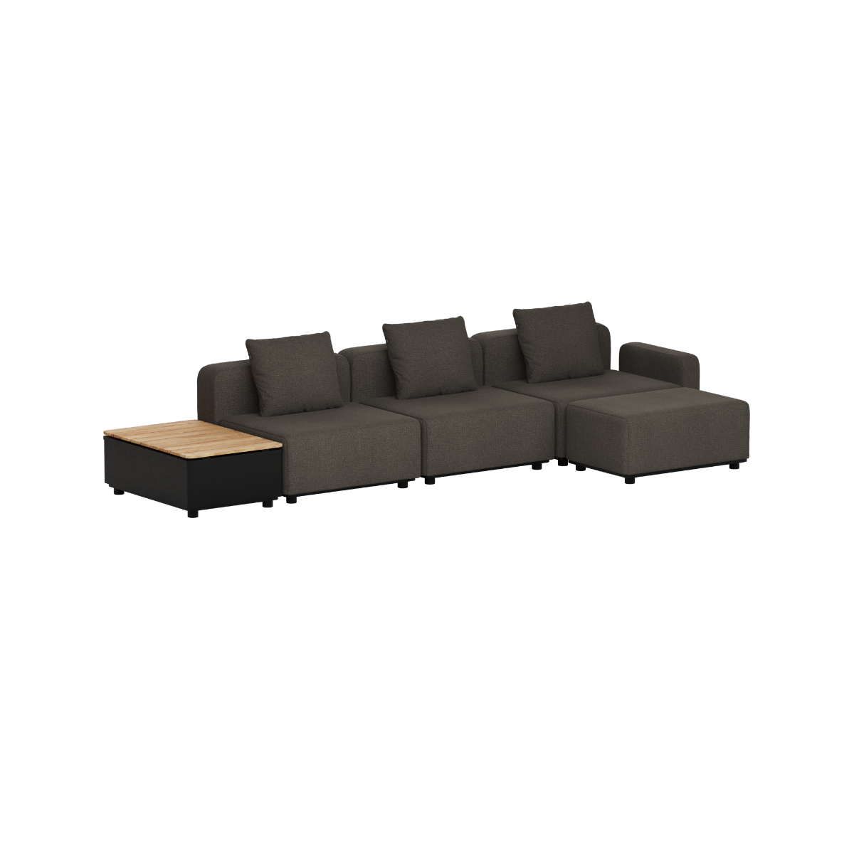 Mørkegrå modulopbygget udendørs loungesofa med tre siddepladser og integreret sidebord i teak fra sackit designet i Danmark til nordisk vejr