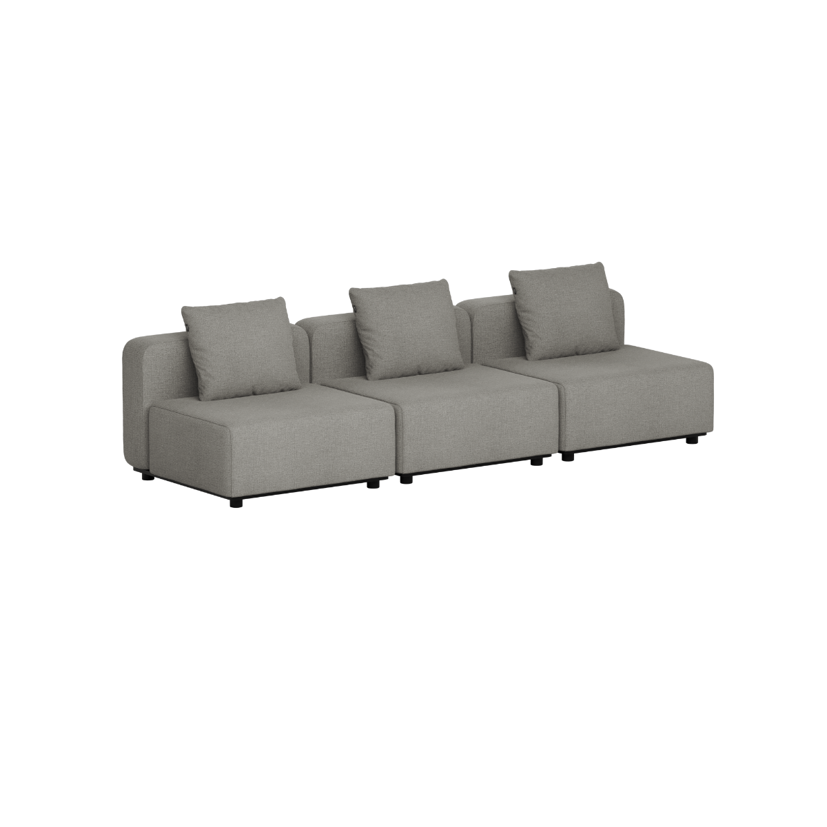 Grå modulopbygget udendørs loungesofa med tre brede siddepladser og tre puder fra sackit i et enkelt skandinavisk design