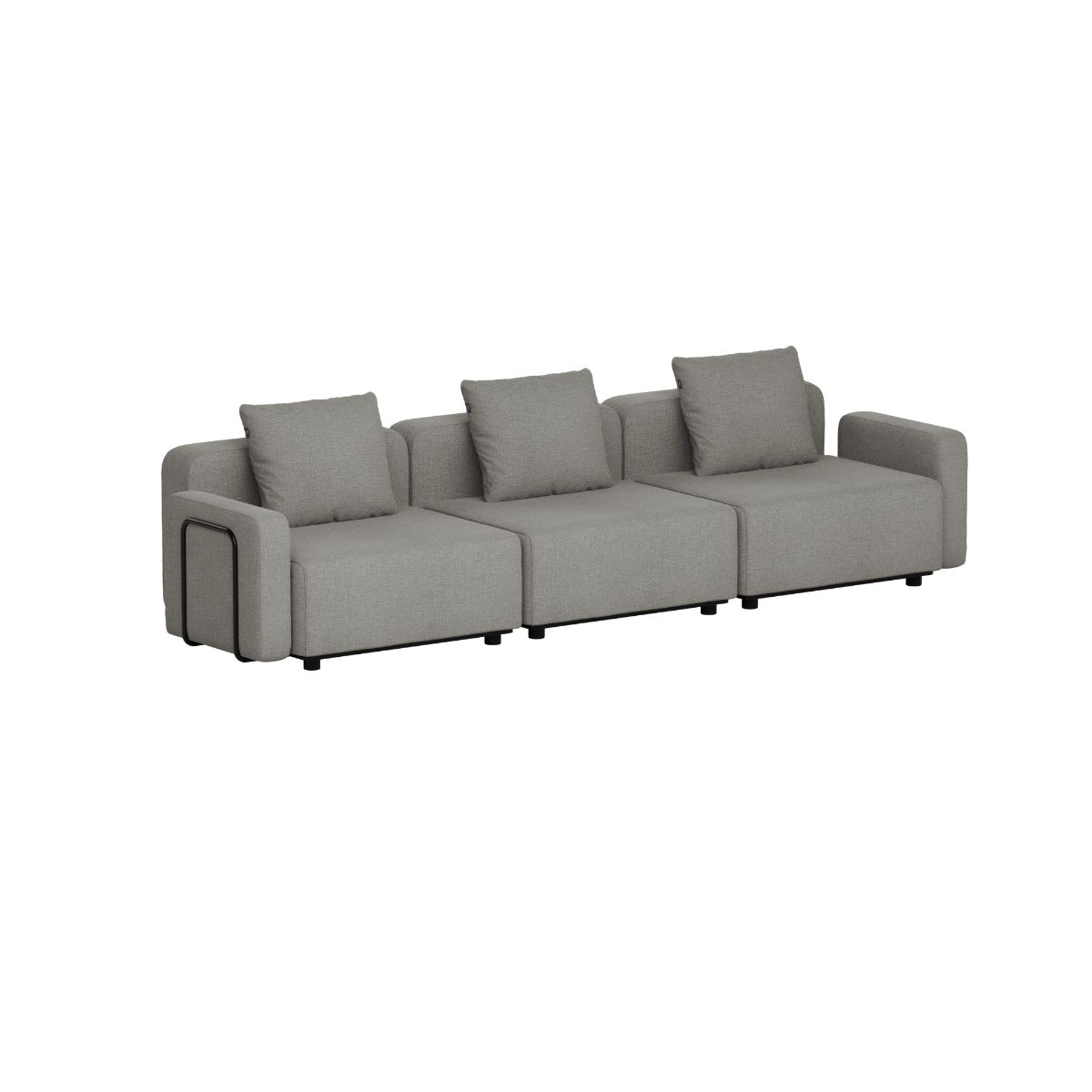 Grå modulopbygget loungesofa til udendørs brug med tre brede siddepladser og bløde ryghynder i et enkelt skandinavisk design fra sackit