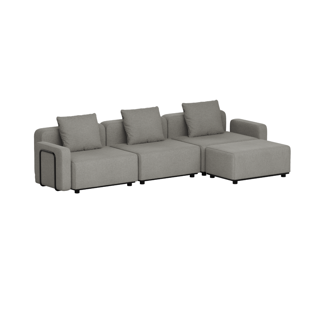 Grå modulopbygget udendørs loungesofa fra sackit med tre siddepladser bløde ryghynder og bred chaiselong i enkelt skandinavisk design