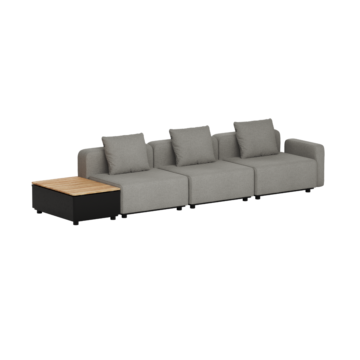 Grå modulopbygget loungesofa til udendørs brug med tre siddepladser, bløde puder og integreret sidebord med trælameller fra sackit