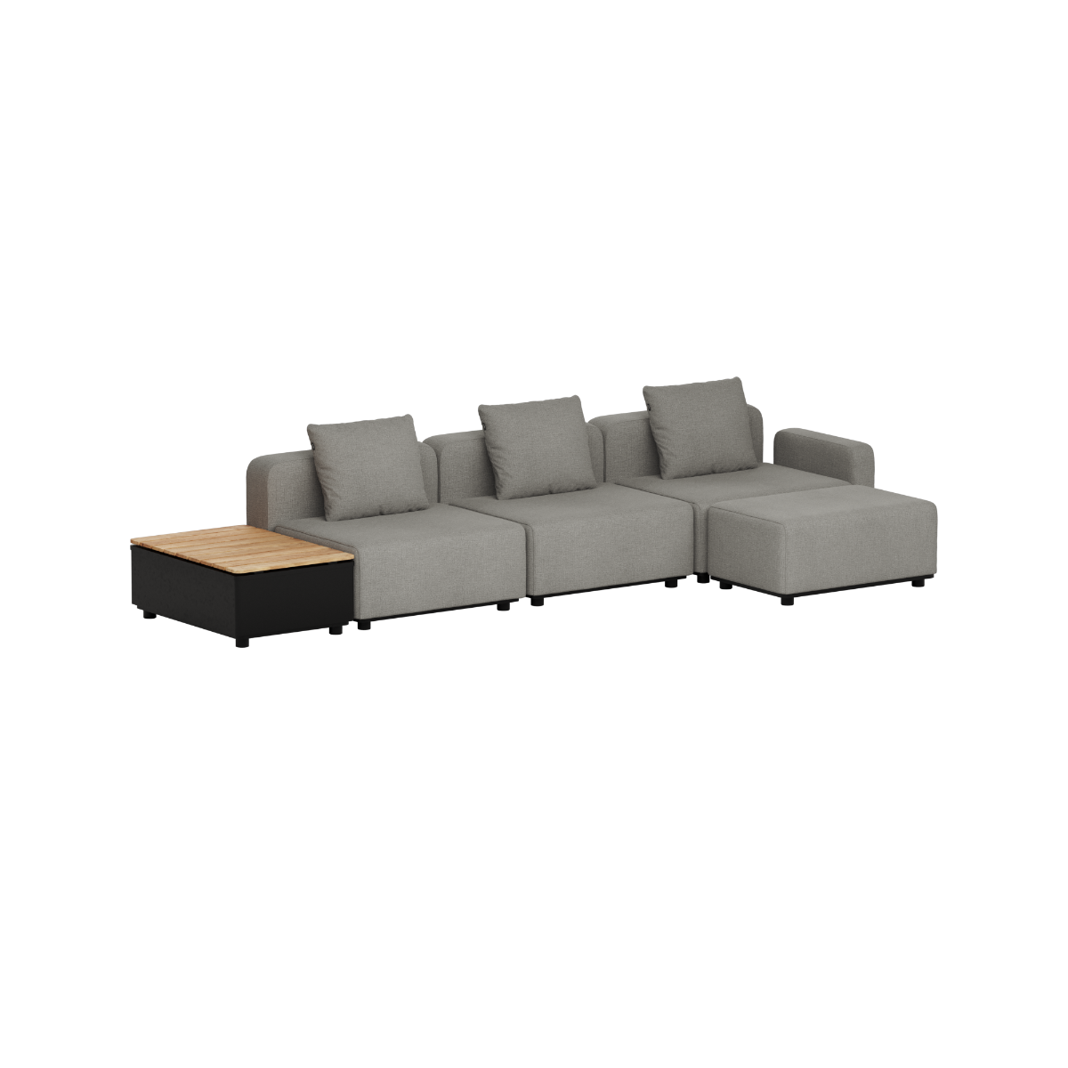 Modulopbygget grå loungesofa til udendørs brug med bløde hynder og sidebord i teak, designet i Danmark af sackit til nordisk vejr