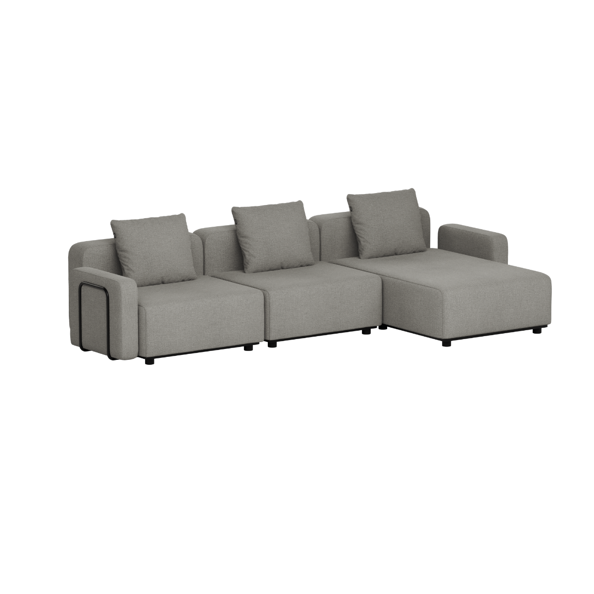 Grå modulopbygget udendørs loungesofa med tre siddepladser og højrevendt chaiselong fra sackit i dansk skandinavisk design