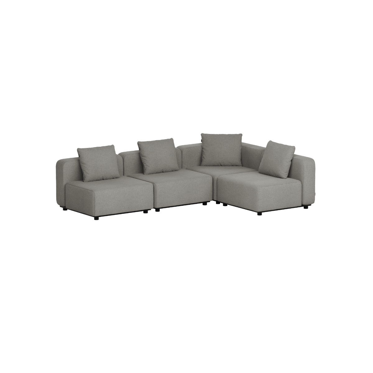 Grå modulopbygget udendørs hjørnesofa med fire siddepladser og bløde hynder fra sackit i dansk skandinavisk design