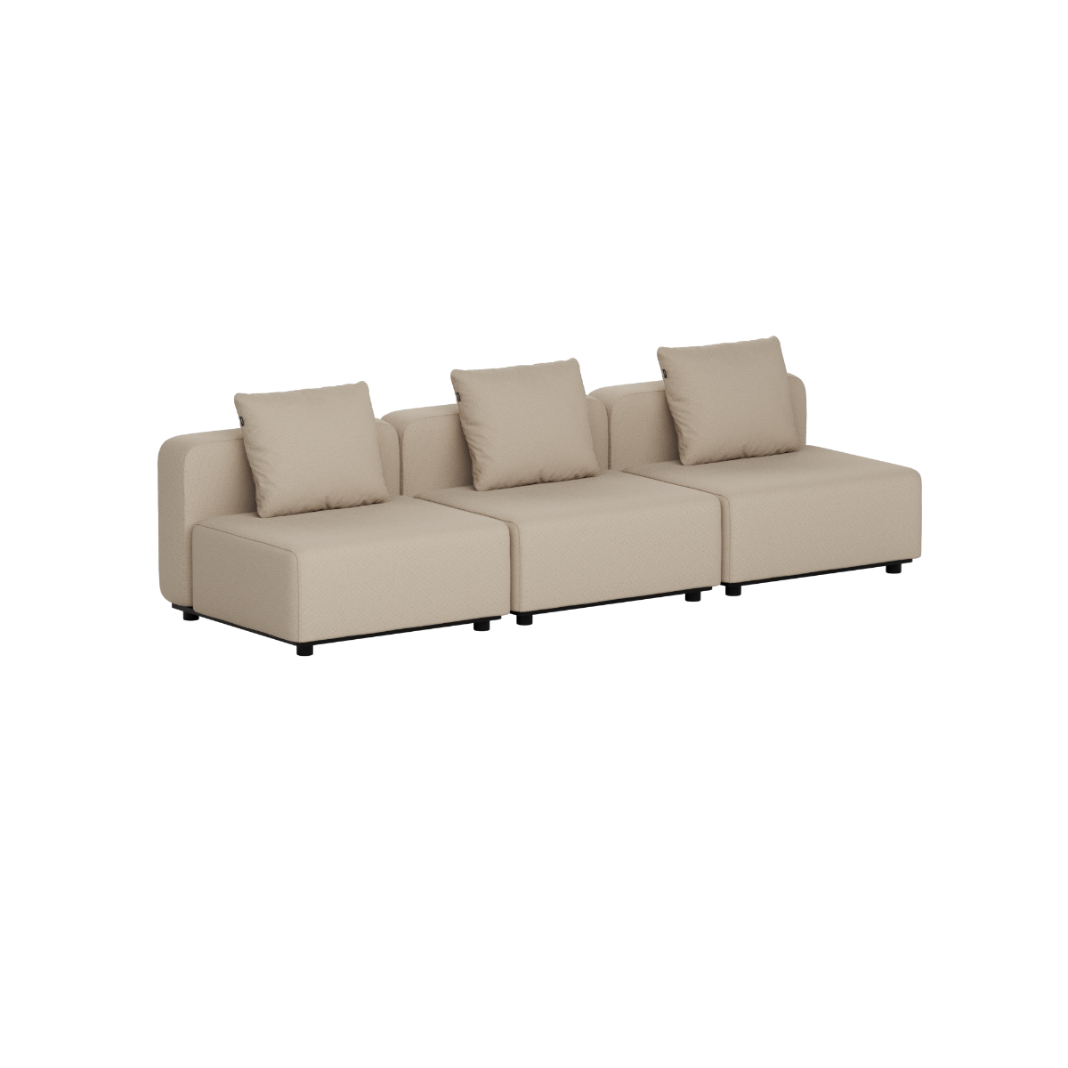 Beige modulopbygget loungesofa til tre personer med tre bløde pyntepuder fra sackit, vist isoleret på neutral baggrund