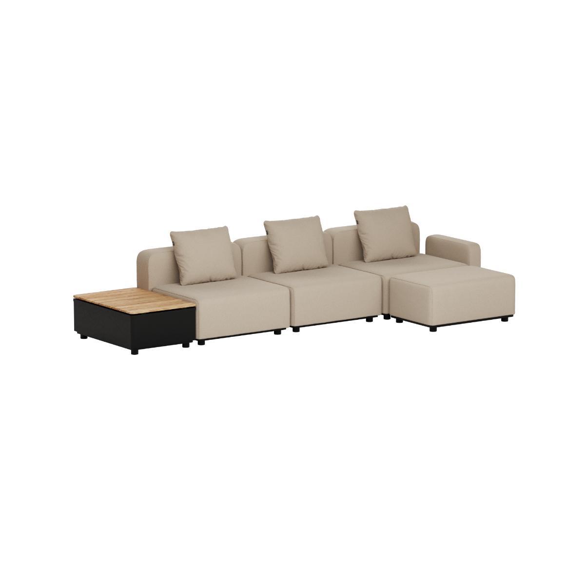sackit Cobana modulopbygget beige loungesofa til udendørs brug med tre siddepladser og integreret sidebord med opbevaring og træbordplade