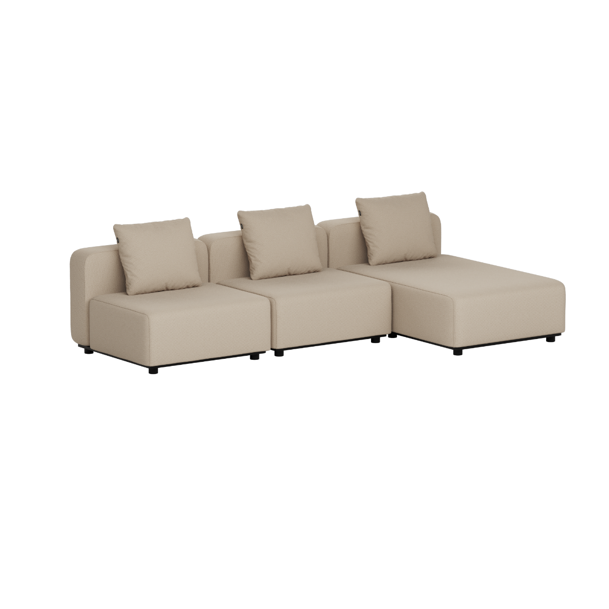 Beige modulopbygget udendørs loungesofa med tre siddepladser og chaiselong samt bløde puder i enkelt skandinavisk design fra sackit