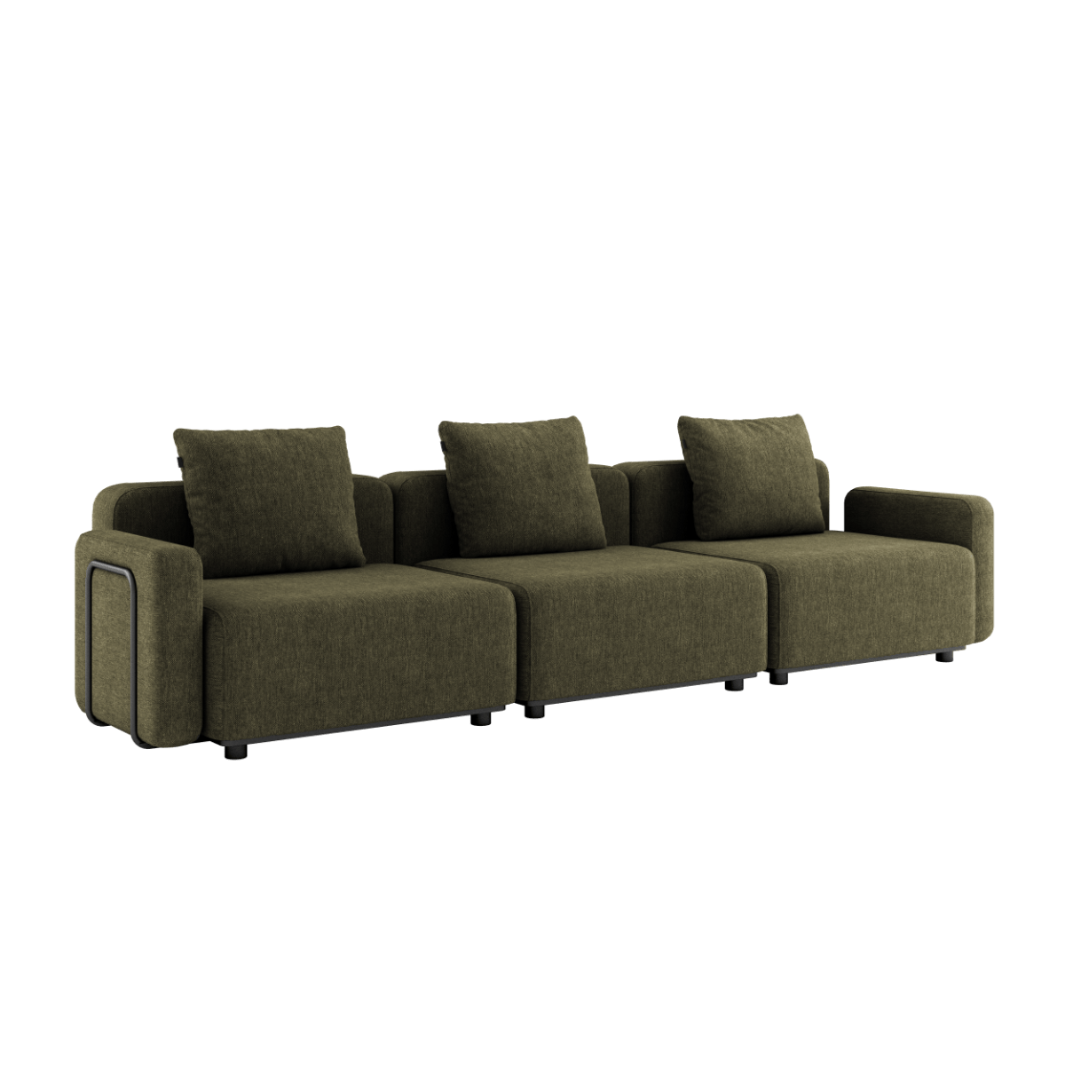 Kirra Olive Cobana Lounge Sofa med armlæn, 3-modulet udendørs sofa uden puf i aluminium og tekstil.