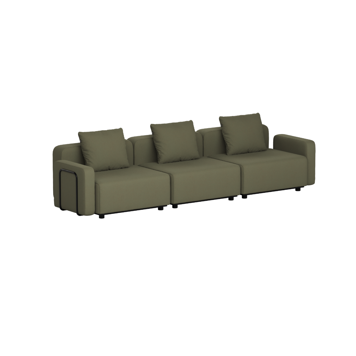 Olivegrøn trepersoners loungesofa fra sackit med tre løse rygpuder og brede armlæn til udendørs afslapning i moderne skandinavisk design