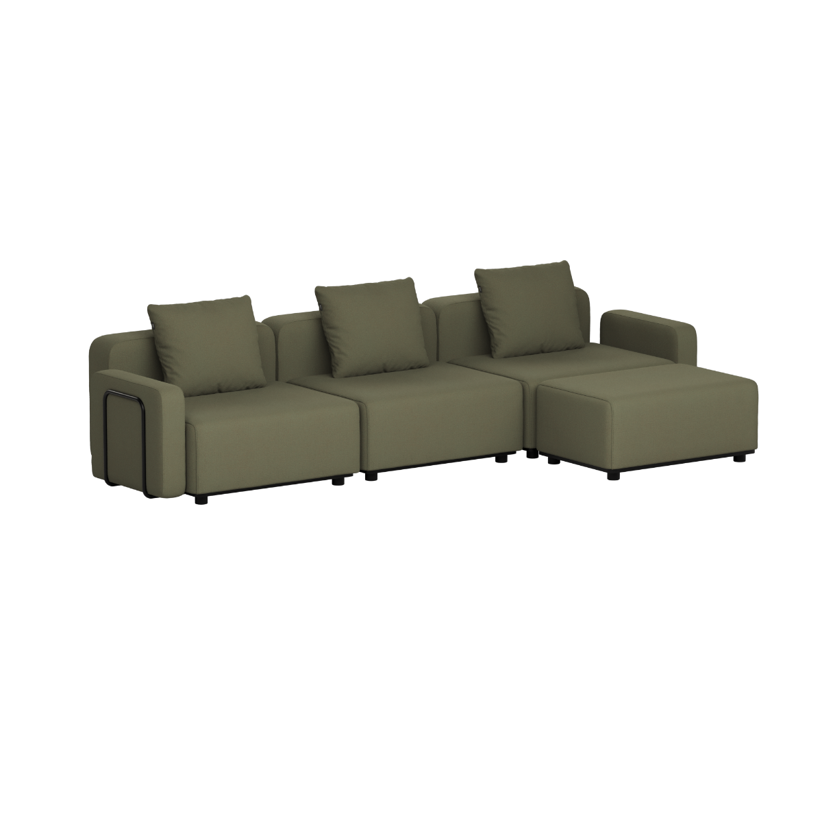 Olivegrøn modulopbygget udendørs loungesofa med tre siddepladser og bløde ryghynder fra sackit til terrasse og have